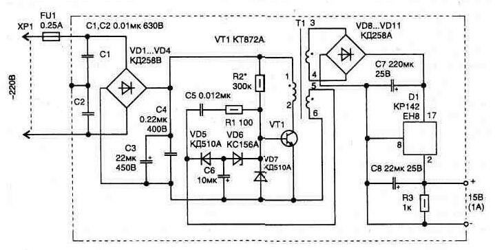 Электрическая схема импульсного блока питания на 15 Вт